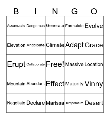 Vocabulary Words Bingo Card