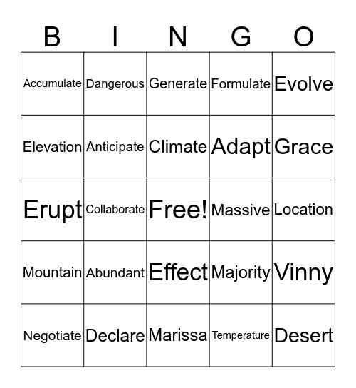 Vocabulary Words Bingo Card