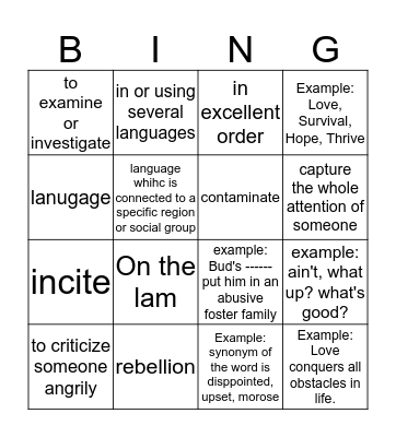 Unit 2 Vocabulary Bingo Card