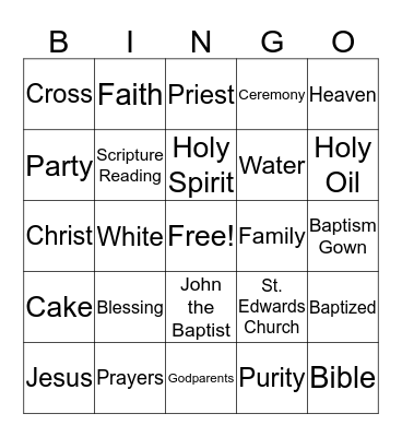 Baptism Bingo  Bingo Card
