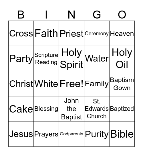 Baptism Bingo  Bingo Card