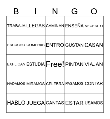 AR VERBS Bingo Card