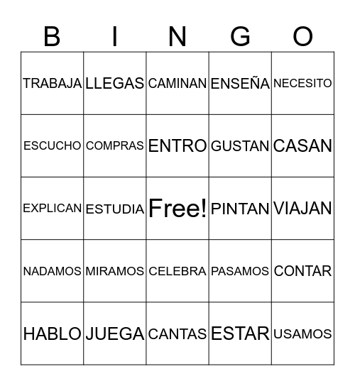 AR VERBS Bingo Card