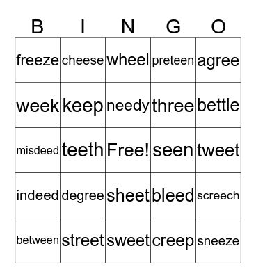 Long "EE" Words Bingo Card