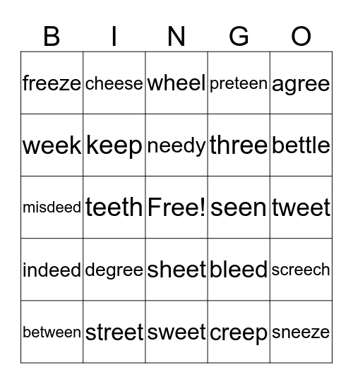 Long "EE" Words Bingo Card