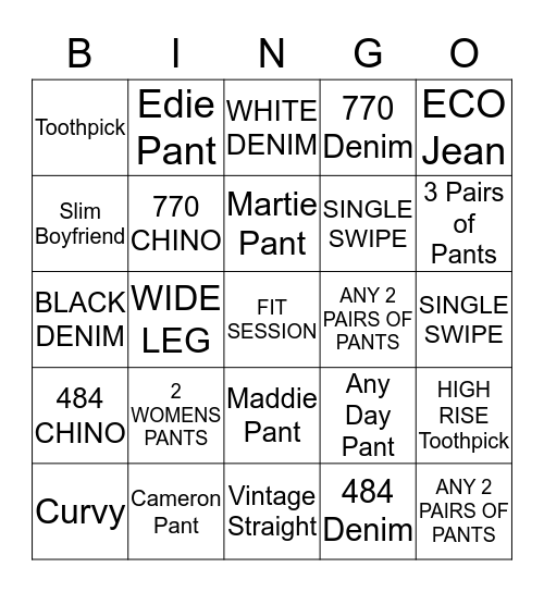 J. CREW PANT BINGO Card