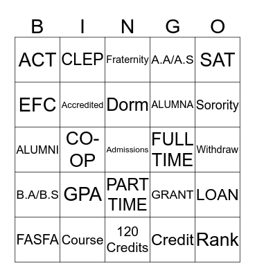 College  Bingo Card