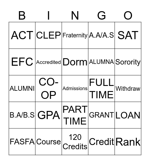 College  Bingo Card