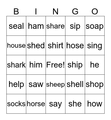 S, H, SH words Bingo Card