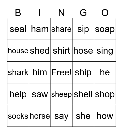 S, H, SH words Bingo Card