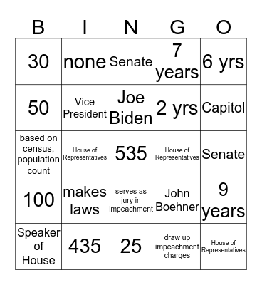 The Legislative Branch Bingo Card