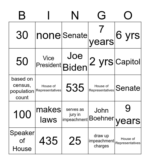 The Legislative Branch Bingo Card