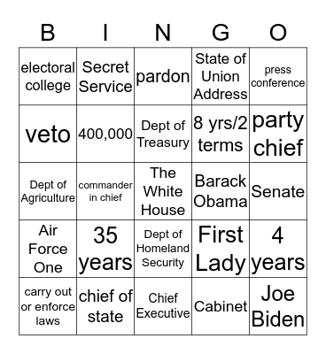 The Executive Branch Bingo Card