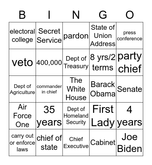The Executive Branch Bingo Card