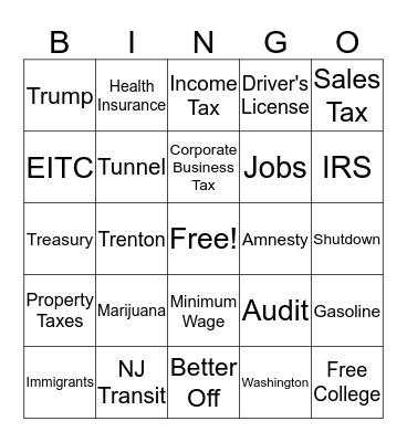 State of NJ Bingo 2019 Bingo Card