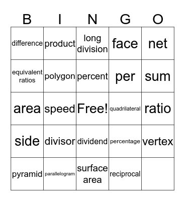 Math Vocabulary Bingo Card