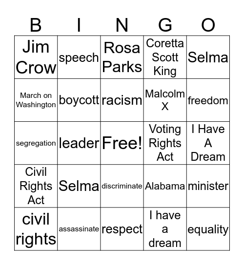 Martin Luther King Day Bingo Card