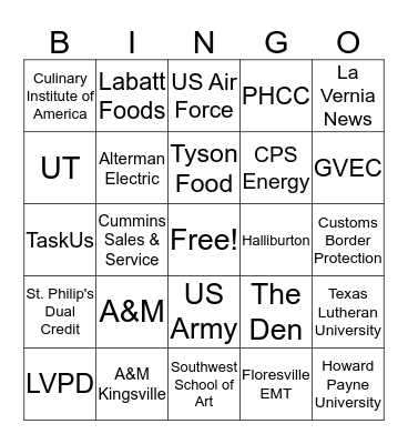 La Vernia HS College & Career Fair  Bingo Card