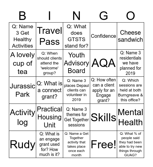 Get Up and Go Bingo Card