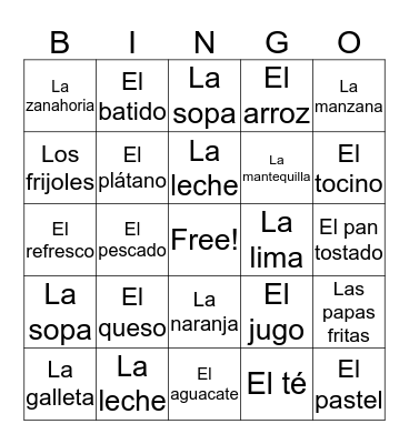 Spanish Food Bingo Card