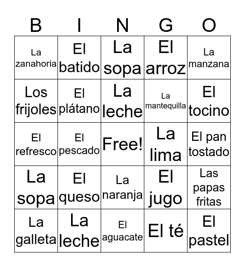 Spanish Food Bingo Card