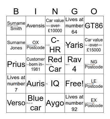 Toyota Bingo Card