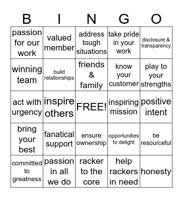 Racker to the Core Bingo Card