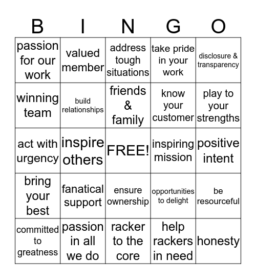 Racker to the Core Bingo Card