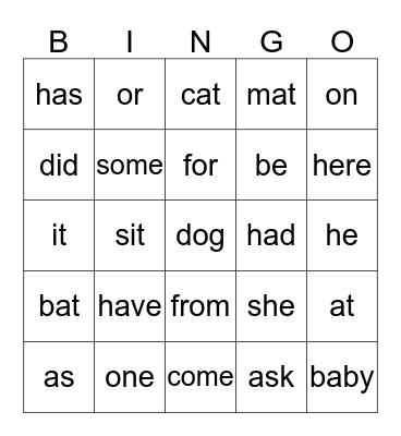 Sight Words Bingo Card