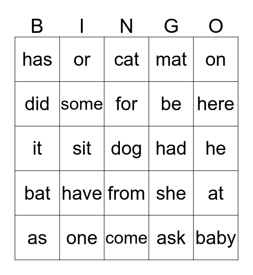 Sight Words Bingo Card