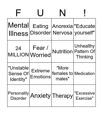 Mental Illness Bingo Card