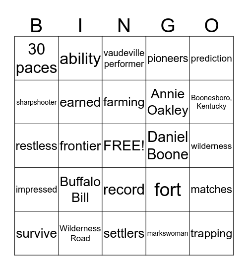 Annie Oakley Packet        6th grade Bingo Card