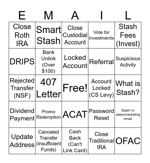 Stash Bingo Emails Bingo Card