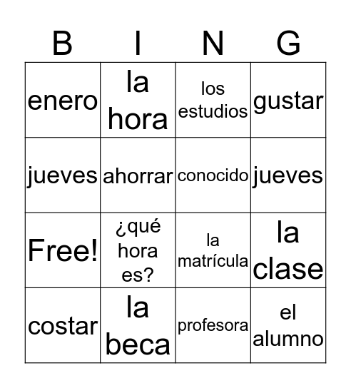 Español 102 Bingo Card