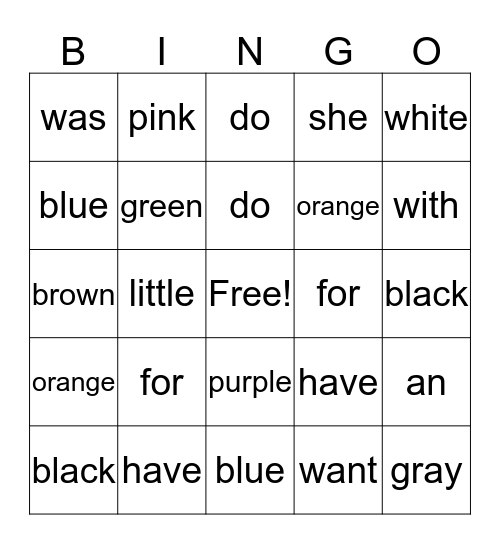 Sight Words Bingo Card