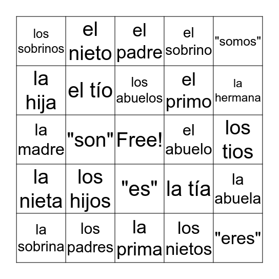 La familia vocabulario Bingo Card