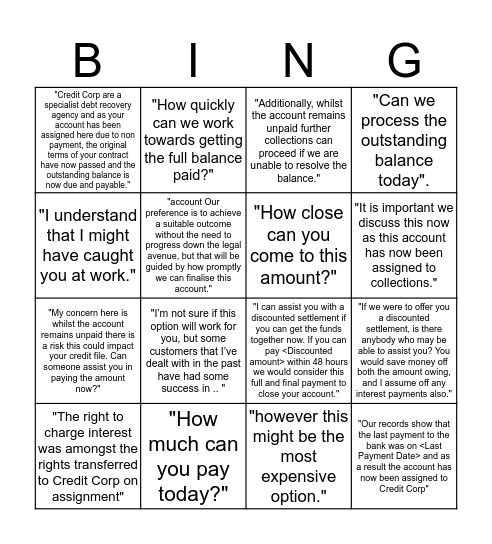 First Contact Guide Bingo Card