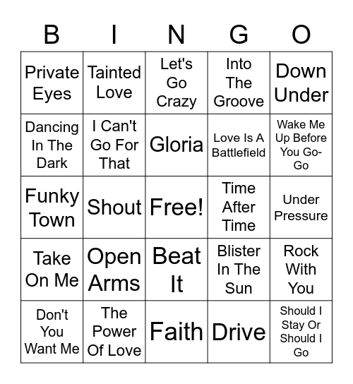 DMP MUSIC VIDEO BINGO!  (80's tunes) Bingo Card