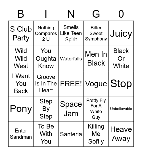 DMP MUSIC VIDEO BINGO!  (90'S HITS) Bingo Card