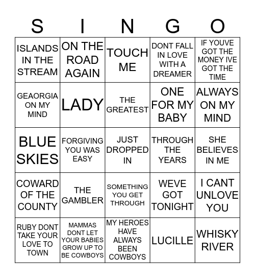 326 WILLIE NELSON VS KENNY ROGERS Bingo Card