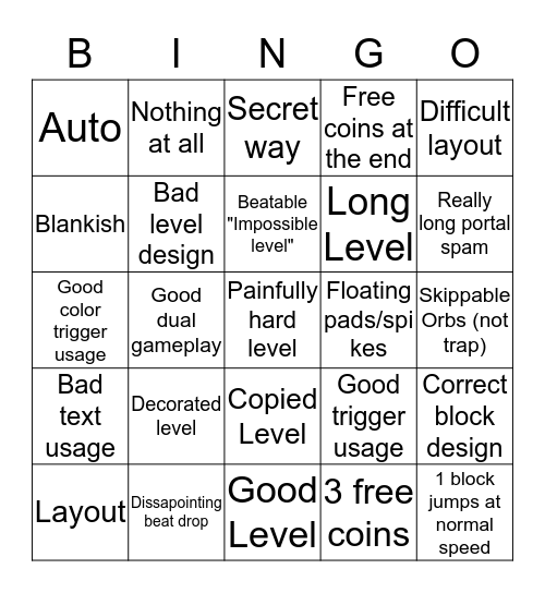 Recent  Level Bingo Card