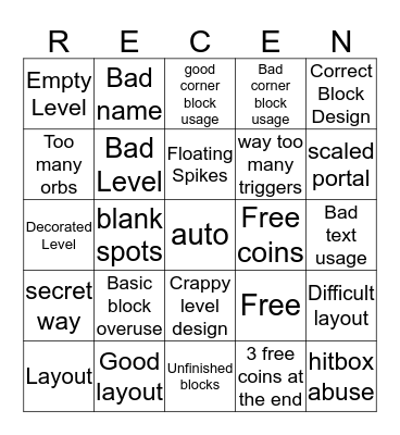 recent level Bingo Card