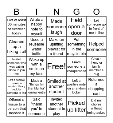 Random Acts of Kindness Bingo Card
