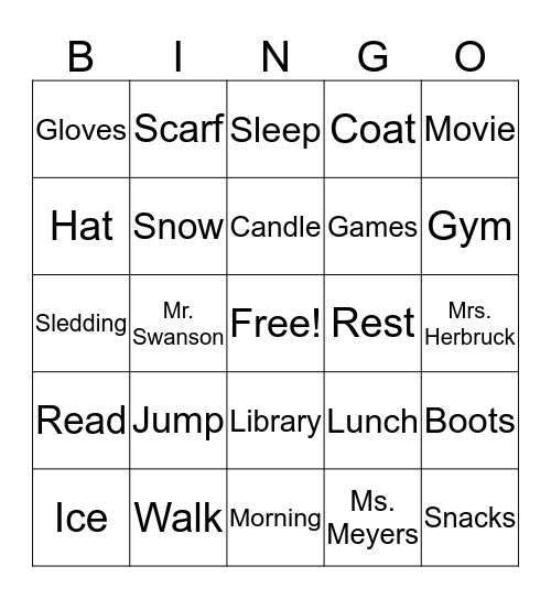 Snow Day Bingo  Bingo Card