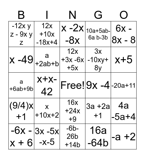 Polynomials Bingo Card