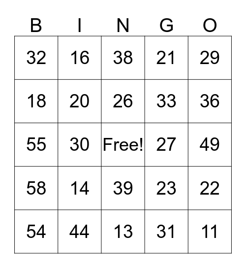 Numbers 1 through 59 Bingo Card