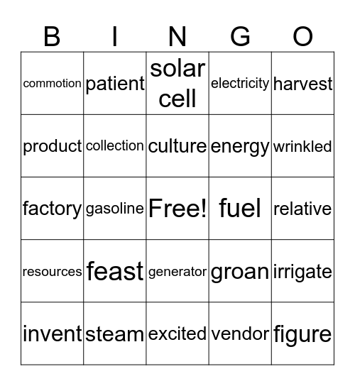 Vocabulary Bingo Card