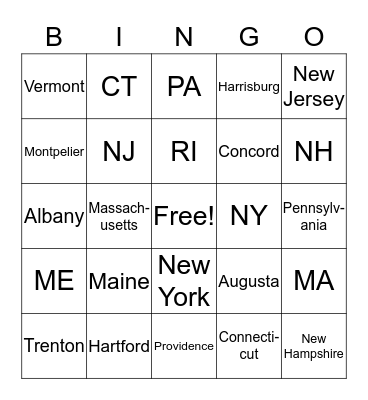 Northeast States Bingo Card