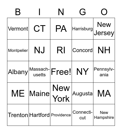 Northeast States Bingo Card