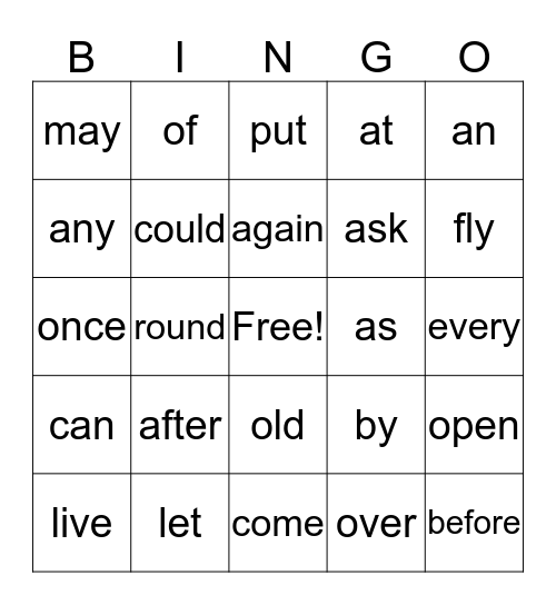1st/2nd Sight Words Bingo Card